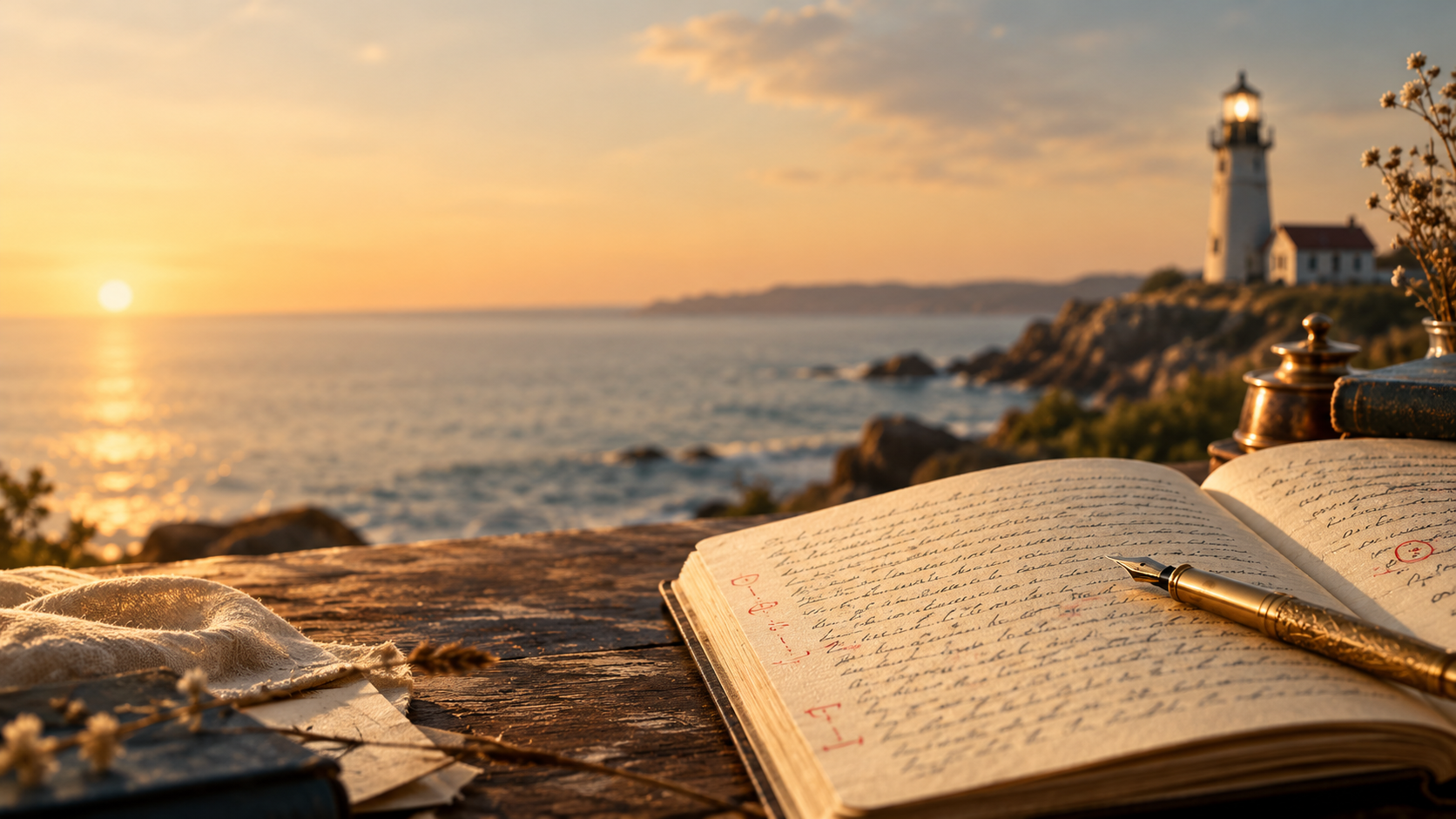Un manuscrit annoté et une plume face à la mer et à un phare au coucher du soleil